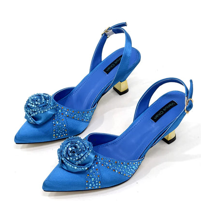 Elegant Rhinestone-Embellished Brown Heeled Shoes and Handbag Set for Women with Floral Decoration – Perfect Small Size Fashion