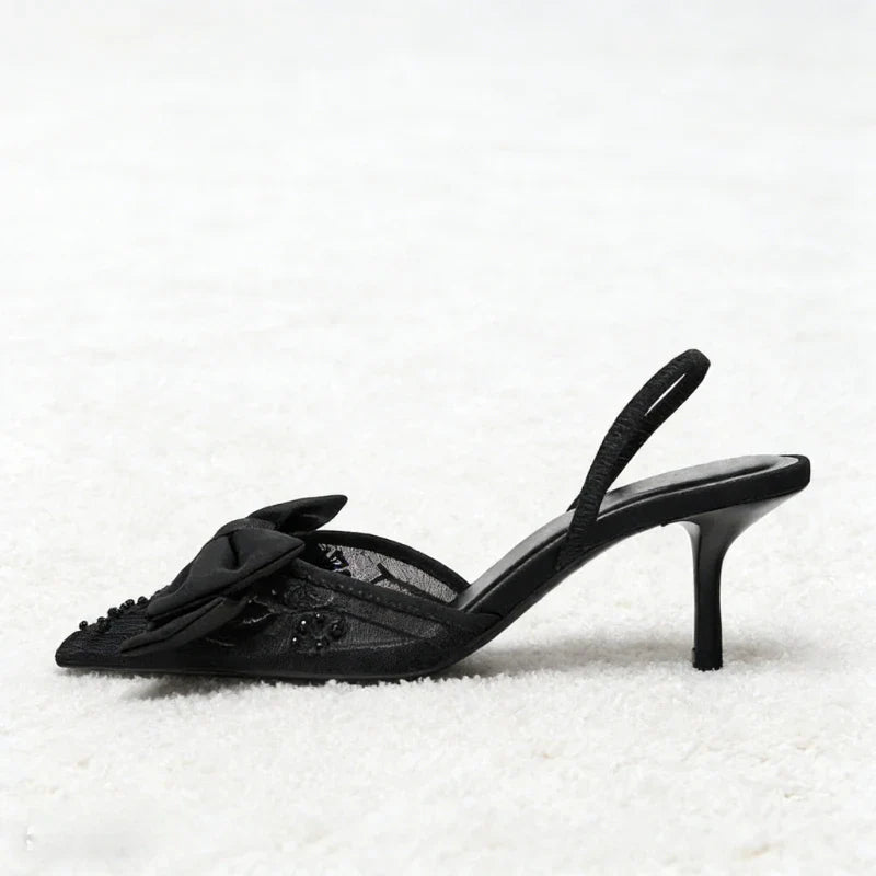 Black Mesh Beaded Decoration Heeled Sandals Women Sexy Pointed Toe Slingbacks Thin High Heels Elegant Bow Designer Women Pumps