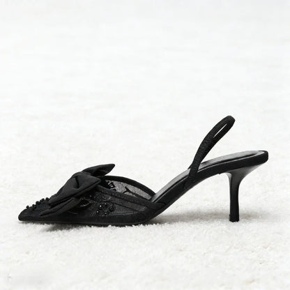 Black Mesh Beaded Decoration Heeled Sandals Women Sexy Pointed Toe Slingbacks Thin High Heels Elegant Bow Designer Women Pumps