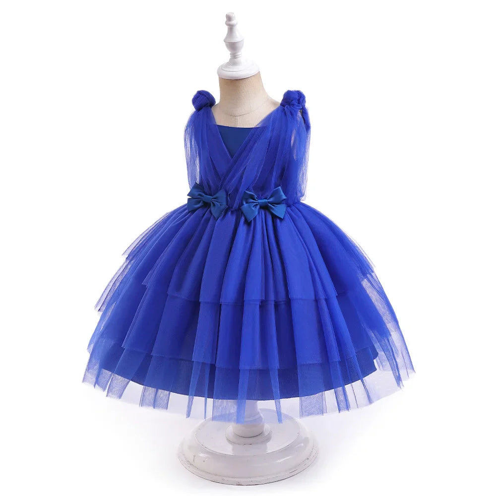 Summer Bow Bridemaid Party Girls Dresses Elegant Tulle Birthday Wedding Princess Dress for Girl New Years Prom Christmas Costume
