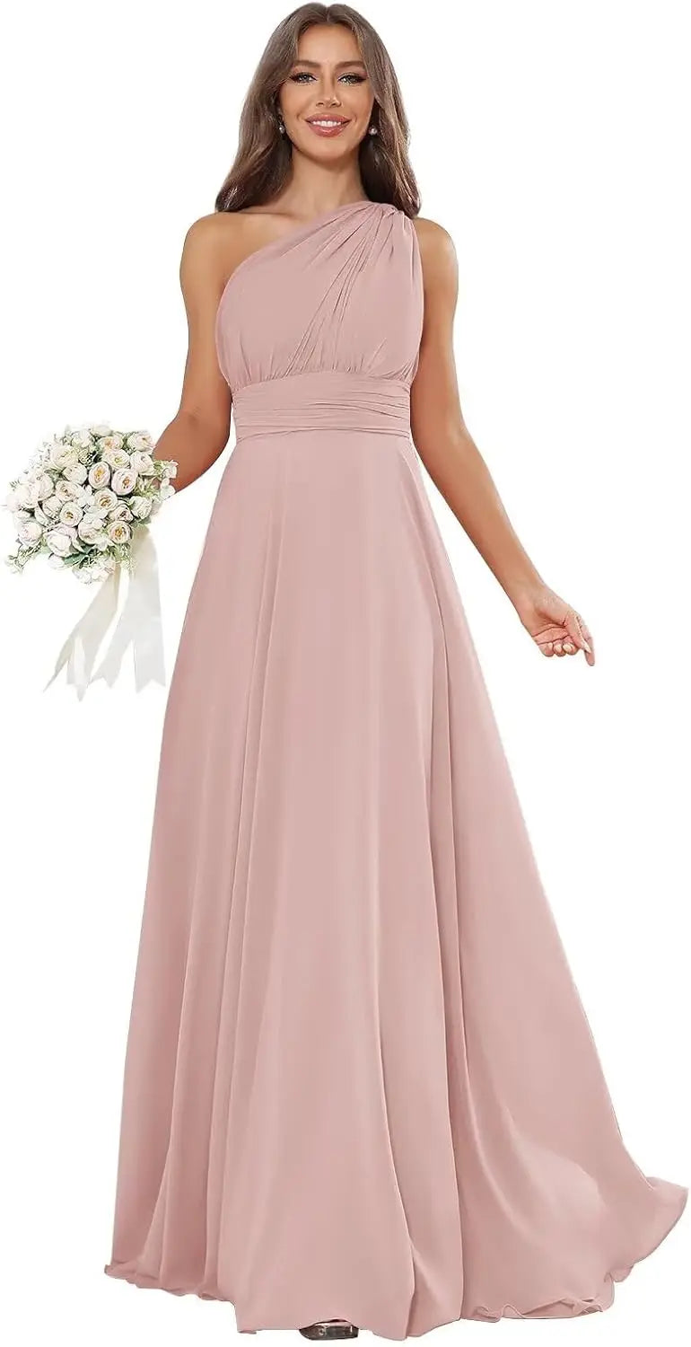 Vestidos de Daminha de Um Ombro para Mulheres Vestido de Noite Formal Longo de Chiffon Plissado Vestidos de Madrinha para Casamentos