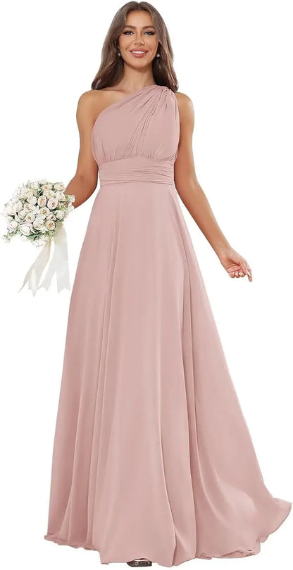 Vestidos de Daminha de Um Ombro para Mulheres Vestido de Noite Formal Longo de Chiffon Plissado Vestidos de Madrinha para Casamentos