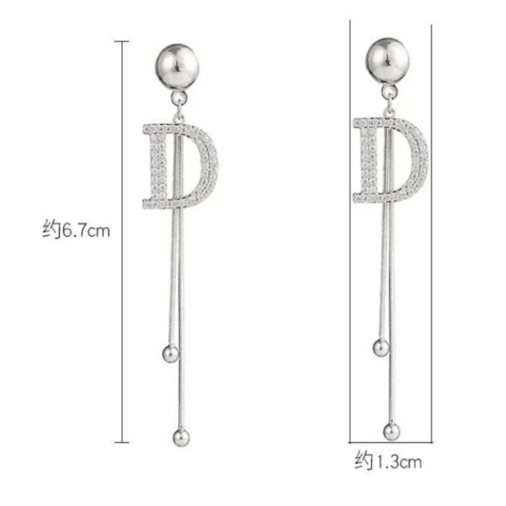 Exquisite Luxury Gold Color Letter D Long Drop Dangle Earrings for Women Charm Fashion Zircon Korea Earring Bride Jewelry Gift