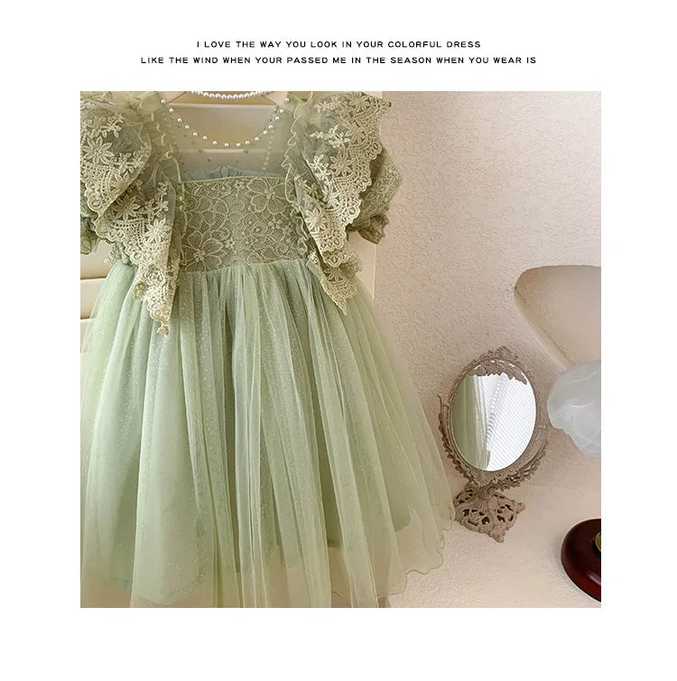 Kid Girl Elegant Light Green Dress for Children Intricate Lace Flutter Sleeves and Voluminous Sparkling Tulle Skirt Summer