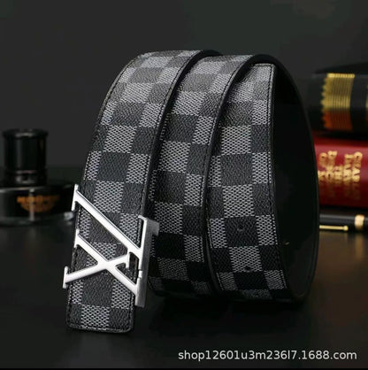Light Luxury Premium Mens Leather Belt Check Pattern Genuine Pure Cowhide Casual Business Trendy Waist Belt