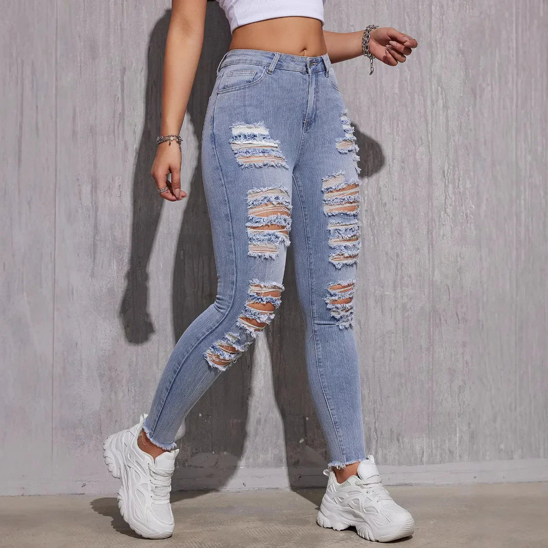 High Waist Skinny Jeans Women - Stretch Ripped Light Blue Denim Pants