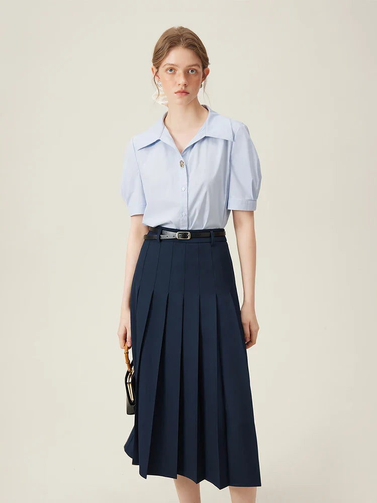 2025 New Arrival Women Zipper Waist Office Lady Elegant Grey Skirt Pleated Design Navy Blue Color Long Skirt Daily Outfits