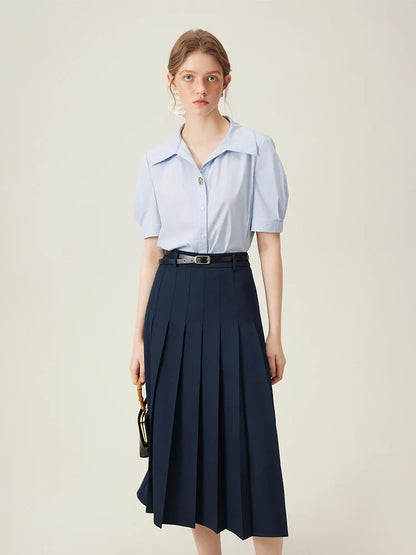 2025 New Arrival Women Zipper Waist Office Lady Elegant Grey Skirt Pleated Design Navy Blue Color Long Skirt Daily Outfits