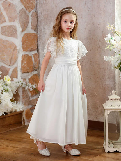Vestidos de Festa de Casamento em Renda Chiffon Vintage para Meninas com Mangas Bufantes e Linha A, Daminha de Honra