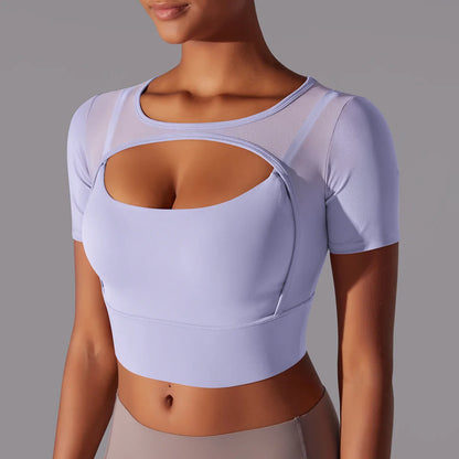 Women's Mesh Yoga Shirt Sexy Short Sleeve T-Shirt Sport Top Blouse Cover Up Quick Dry Gym Clothes Running Fitness Tank Sportwear