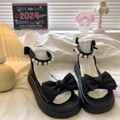 Girls Sandals Pearl Bow Princess Shoes 2026 Summer New Children's Beach Shoes Girls Soft Sole Sandals