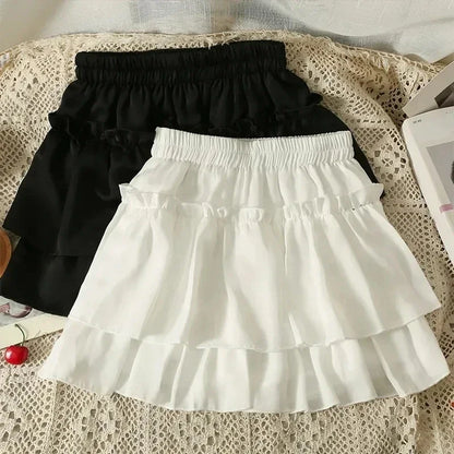 Pleated A-Line Skirt Women White Ruffle Sweet Tierred Pretty Style Skirt Elastic Waist Summer Slim Basic Korean Harajuku Dress