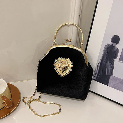 Velvet Frame Heart Dinner Hand Bags Diamonds Chains High Quality Shoulder and Crossbody Bags for Women 2024 Fashion Hot Sale