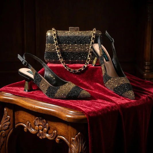 Ladies High Quality Women's Pumps Black Gold Shoes and Bag Set DURABLE OUTSOLE Italian Fashion Design For Nigeria Wedding