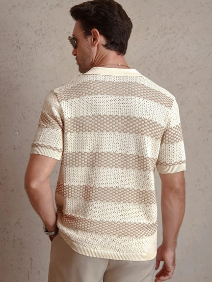 Daily Casual Mens Knitted Polo Shirts 2026 Summer Fashion Striped Contrast Color Knit Pullovers Men Stylish Turn-down Collar Top