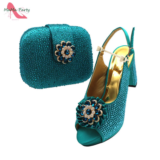 African Mature Women Shoes and Bag to Match in Teal Color Comfortable Heels with Platform for Garden Party