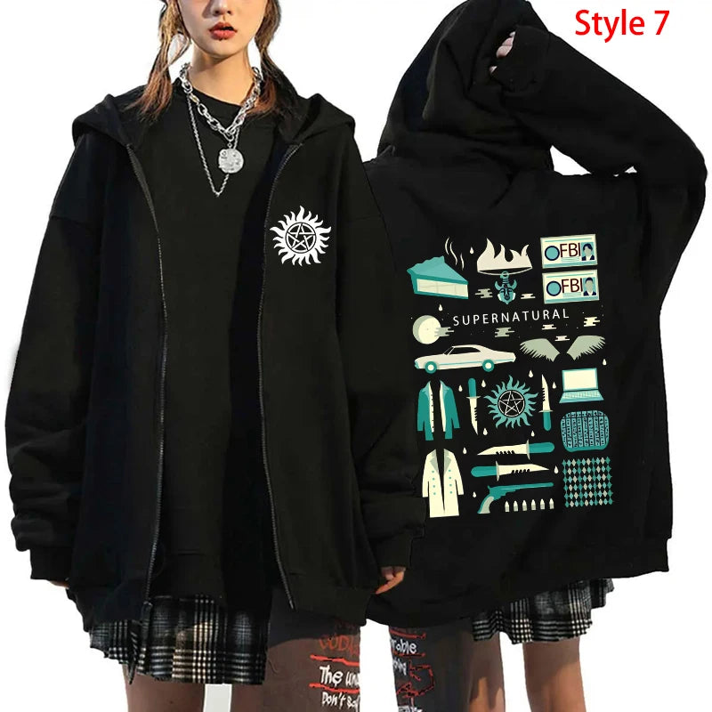 Fashion Unisex Autumn Winter Coat Supernatural Print Zipper Hoodie Casual Long Sleeve Tops Women Men Harajuku Zipper Sweatshirt