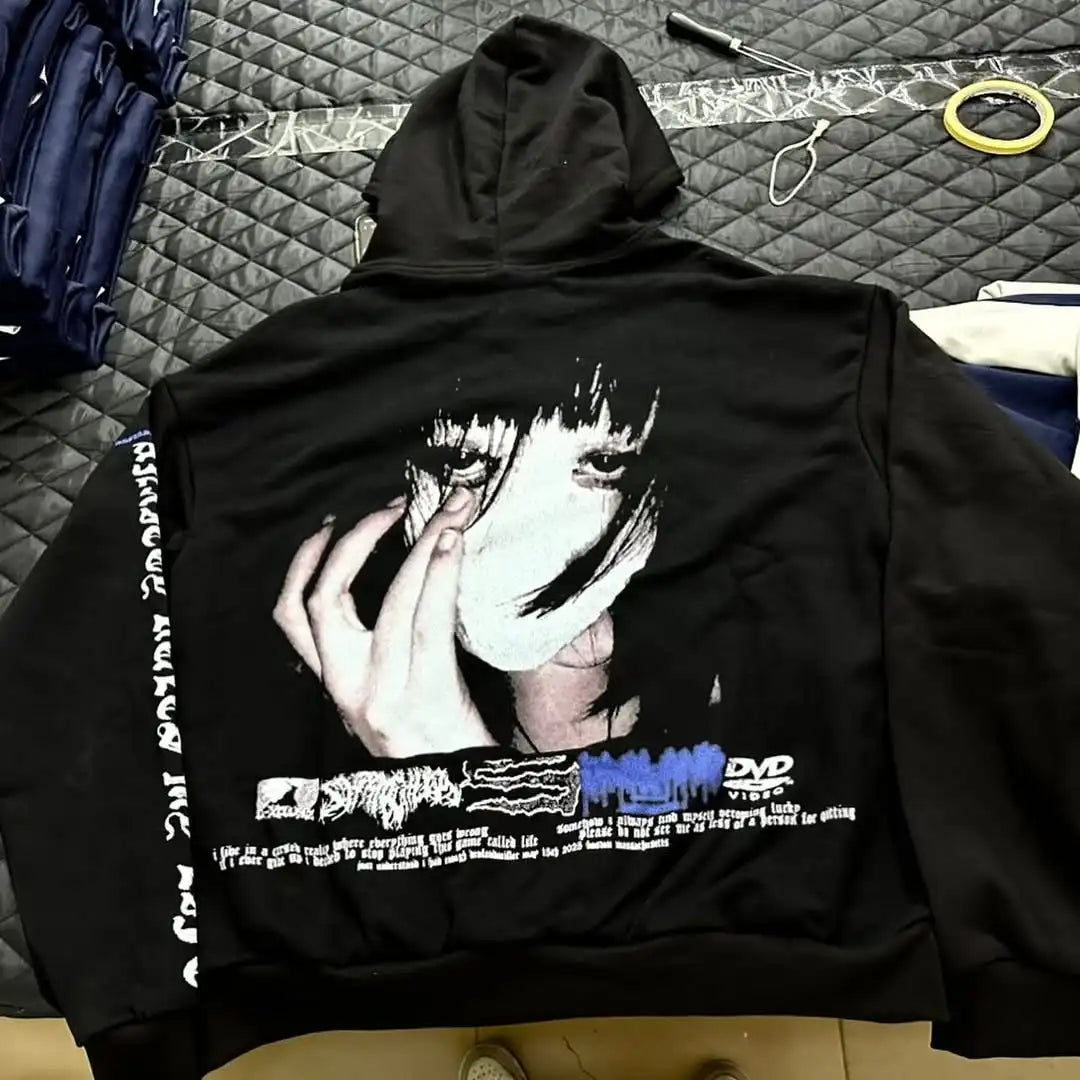 Mens Black Hooded Graphic Hoodie Horror Character Print Thriller Style Streetwear Unique Creative Design Express Individuality