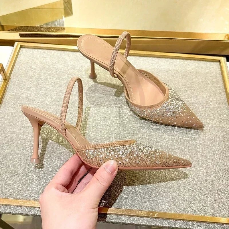 Luxury Designer Shiny Rhinestone High Heels Shoes for Women Summer Sexy Pointed Toe Pumps Elegant Slingbacks Heeled Sandals