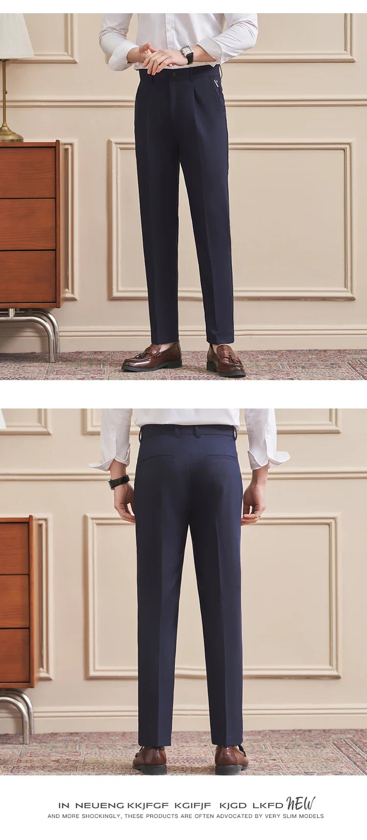 High Quality Men's Business Casual Slim-Fitting Suit Pants, Classic Solid Color Straight Work Trousers