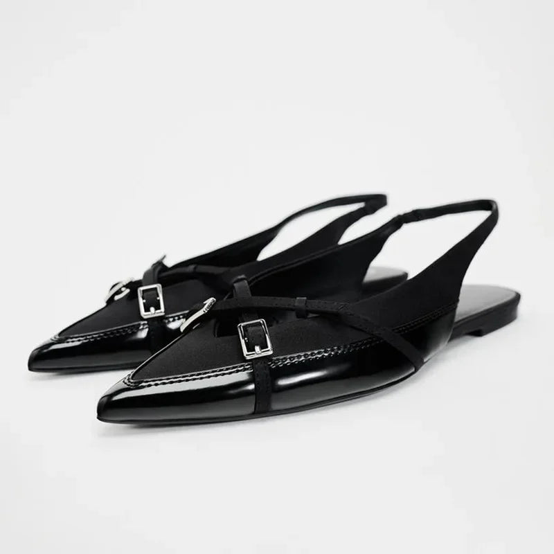 High Quality Women Flat Sandals Cross Strap Buckle Trend Black Office Lady Shoes Pointed Toe Luxury Designer Summer Footwear