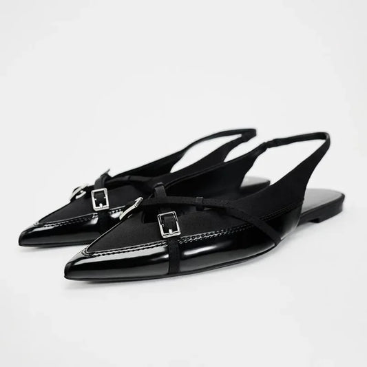 High Quality Women Flat Sandals Cross Strap Buckle Trend Black Office Lady Shoes Pointed Toe Luxury Designer Summer Footwear