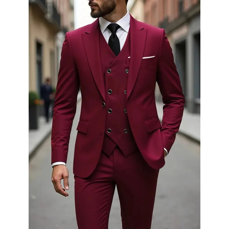 ManSuitOutfit Thin Simple Solid Color Single-breasted Male Suits British Style Long Sleeve Pocket MenSet wedding suits for men