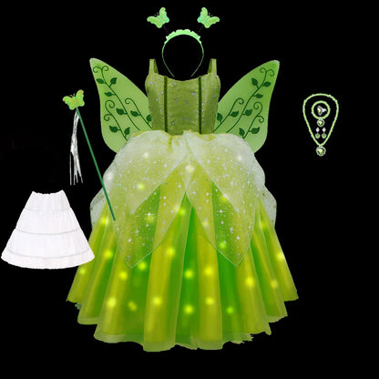 Girls Tinkerbell Fairy Dresses LED Light Up for Girls Costume Kids Cosplay Flower Fairy Princess Clothes Christmas Party Outfit
