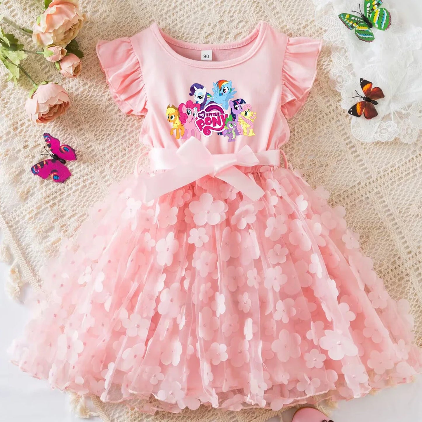 My Little Ponys Girls Summer Dress Cartoon Bow Tutu Dress 3D Butterfly Cotton Party Casual Dress for Baby 2-6Y