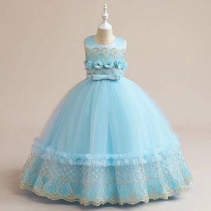 Summer Flower Bridemaid Girl Dresses Elegant Embroidery Princess Party Wedding Evening Dress for Girls Bow Birthday Prom Costume