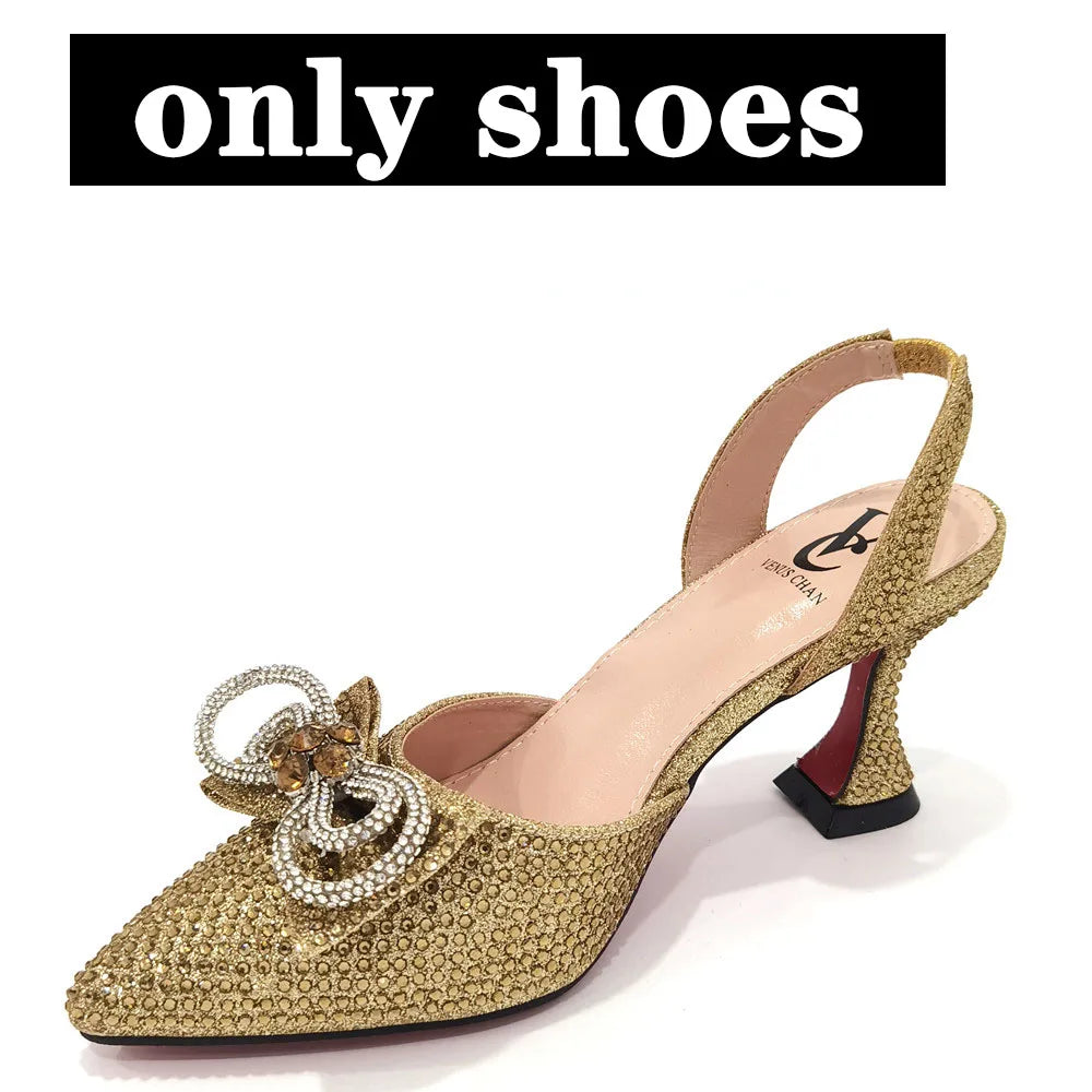 Rhinestone Bow Side Empty Party High Heels Pointed Toe Stiletto Heels Silver Women's Shoes And Bags