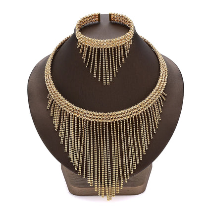 Conjunto de Joias de Casamento de Luxo Dubai Nigéria Conjuntos de Joias Nupciais para Mulheres Festa Colar de Cobre Banhado a Ouro com Contas de Borla