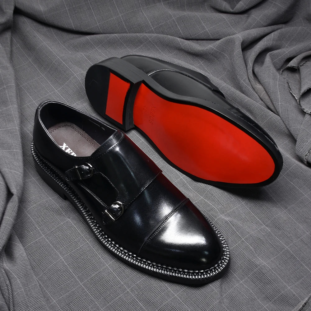 Luxury Genuine Leather Men's Wedding Dress Shoes Buckle Monk Strap Red Sole Cap Toe Black Brown Business Formal Shoes for Man