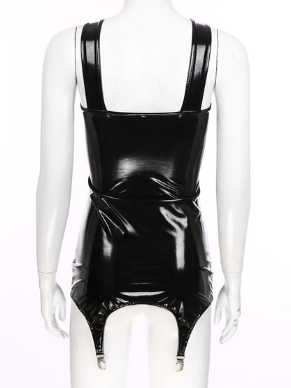 Womens Bodycon Tight Mini Dress Glossy Patent Leather Sexy Latex Club Dress with Garter Clips Back Zipper Rave Party Clubwear