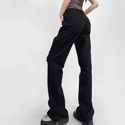 High‑Waist Straight‑Leg Distressed Jeans