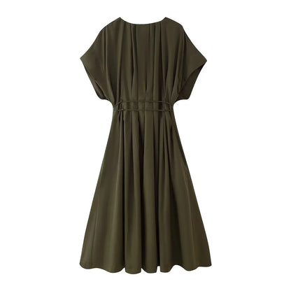 Spring Summer Vintage Women Dress Fashion Single Breasted Sashes Draped V Neck Sleeveless Chic Brown Ladies Dresses