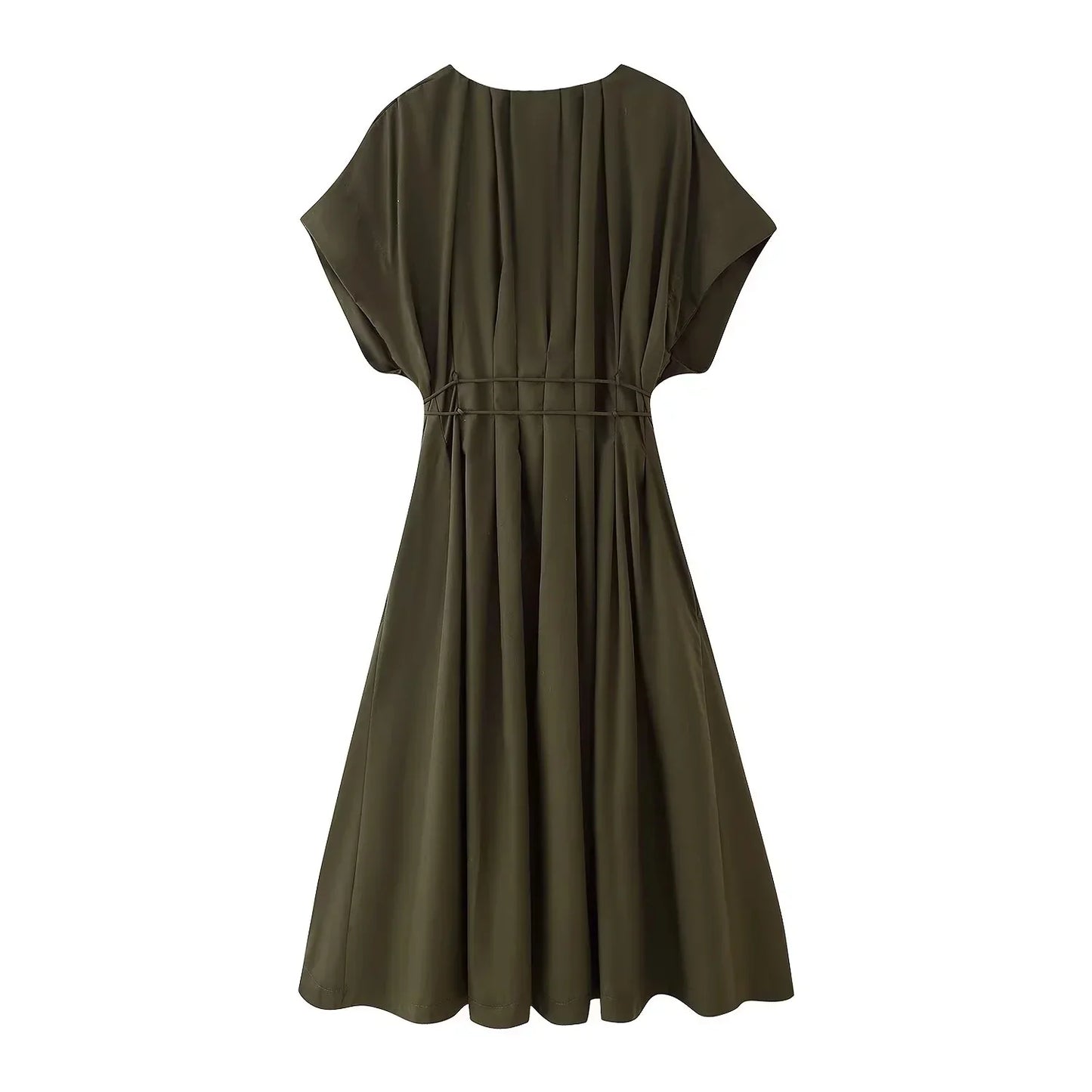 Spring Summer Vintage Women Dress Fashion Single Breasted Sashes Draped V Neck Sleeveless Chic Brown Ladies Dresses