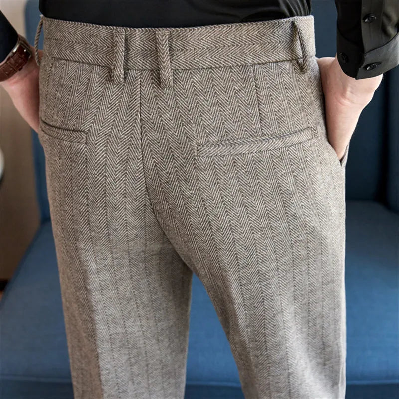 Autumn Winter High Quality Men's Wool Suit Pants Solid Striped Smart Casual Slim Fit Suit Trousers Men Cotton Woolen Dress Pants