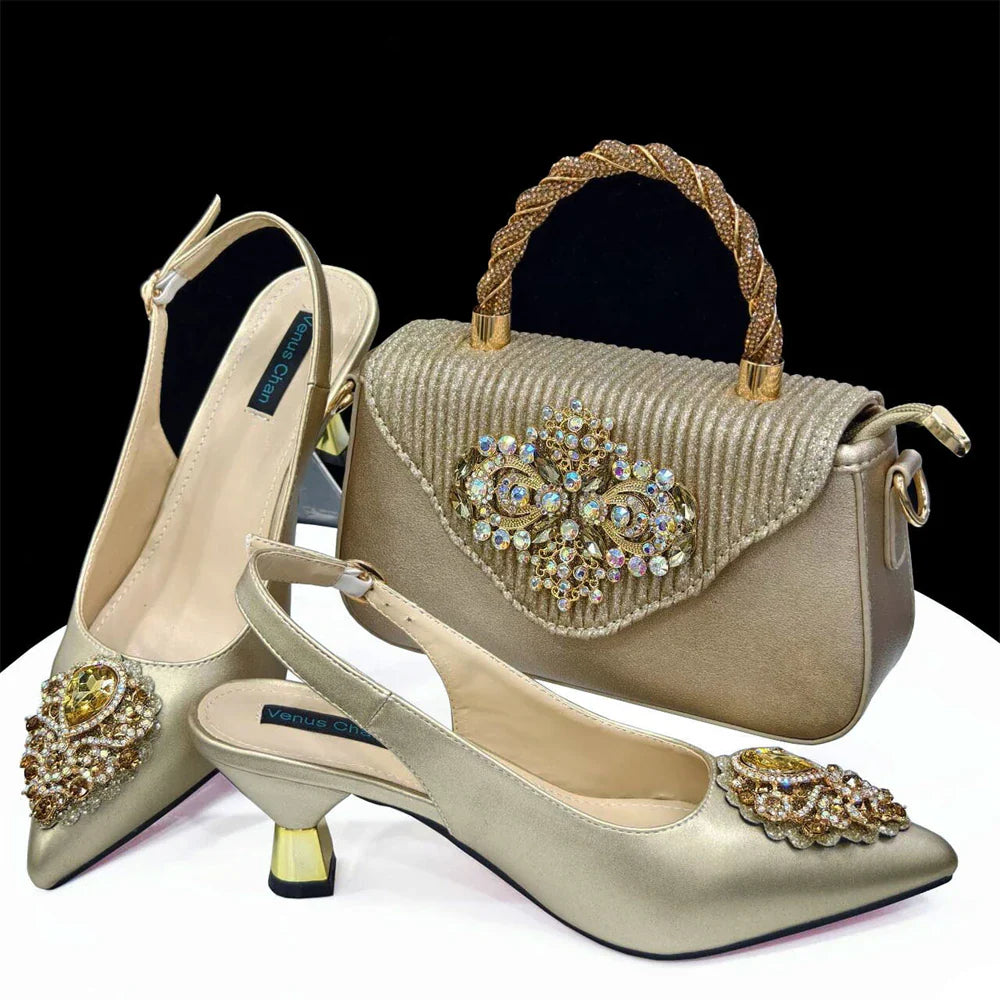 Latest Wedding Pointed Toe Women's Shoes High Heel White Color Rhinestones Party Ladies Shoes And Bag Set