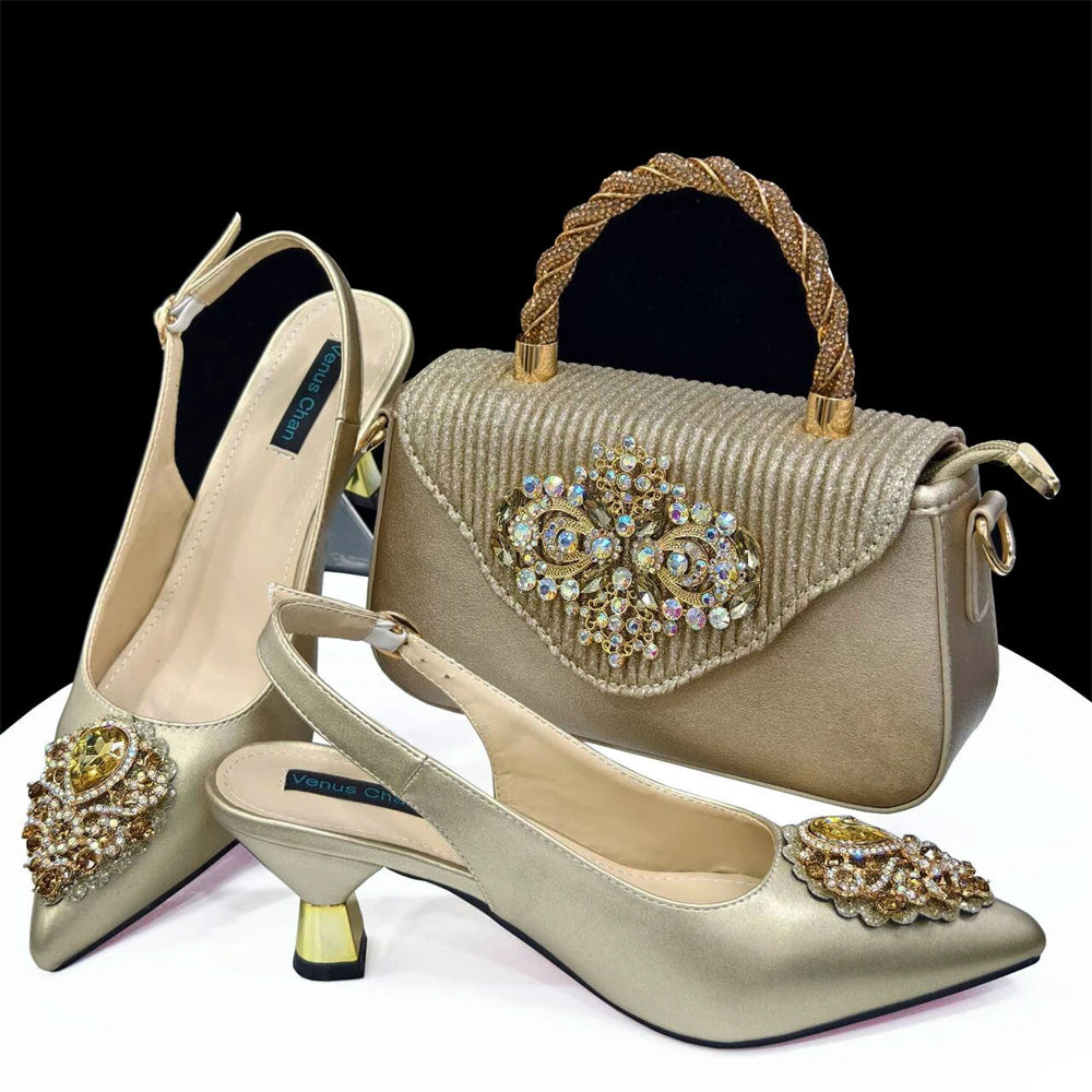Latest Wedding Pointed Toe Women's Shoes High Heel White Color Rhinestones Party Ladies Shoes And Bag Set