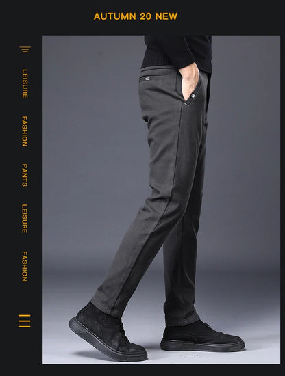 Men's Slim Suit Casual Pants Thick Fashion Embroidered Pocket Trousers Business Baggy Office Comfortable Elastic Pants Male