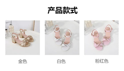 Children's Sandals 2024 Summer New Kids' Crystal High Heels Soft Sole Casual Fashion Girls' Princess Shoes 3-10 Years Old