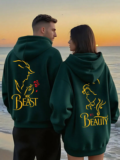Romantic Theme Beauty and the Beast Couple Hoodies Men'S Women'S Separate Styles Pullover Casual Loose Fit Sweatshirt Hoodie Y2K
