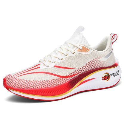 Sapatos de corrida esportivos casuais masculinos e femininos de moda com superfície de malha respirável, suporte de placa de carbono e sola de borracha resistente ao desgaste