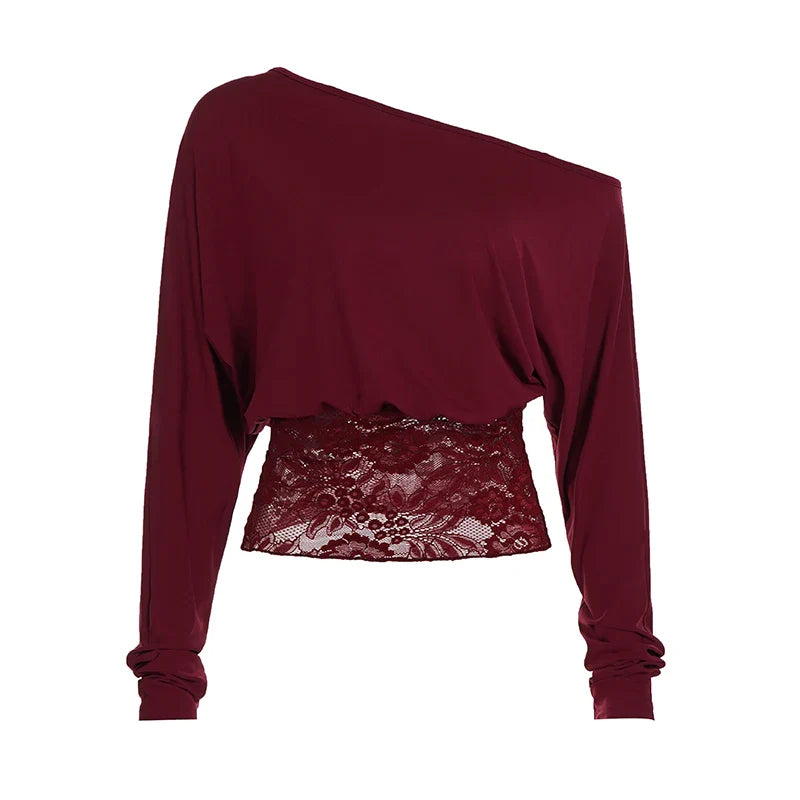 Elegant Off-Shoulder Lace-Trimmed Waist-Defining Top Retro Streetwear Solid Long-Sleeve T-Shirt For Women Spring-Summer