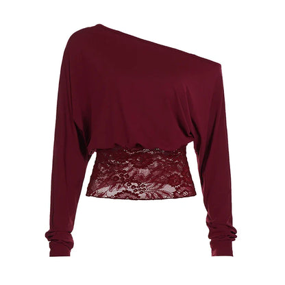 Elegant Off-Shoulder Lace-Trimmed Waist-Defining Top Retro Streetwear Solid Long-Sleeve T-Shirt For Women Spring-Summer