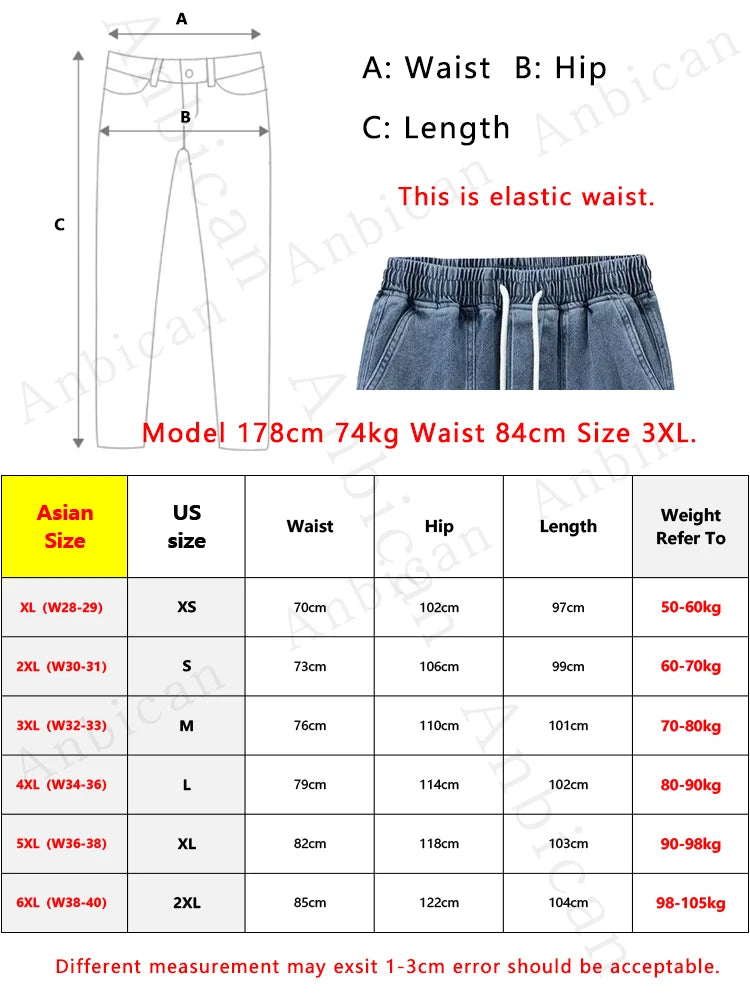 2026 New Summer Men's Jeans Denim Jogger Pants Streetwear Style Ankle-Length Baggy Jeans with Drawsting Waist Asian Size XL-6XL