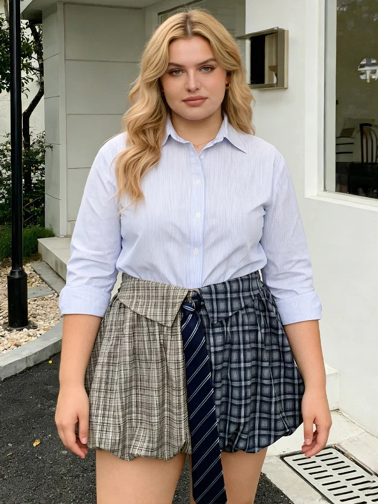 New Big Size Lolita Patchwork Short Skirt Tie Plaid Puff Mini Skirts Korean Popular Women's Clothes Plus Size Y2k Skirt Party