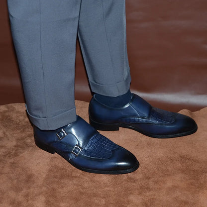 Classic Men's Genuine Leather Dress Shoes Double Buckle Monk Strap Wingtip Crocodile Print Business Office Formal Footwear Man