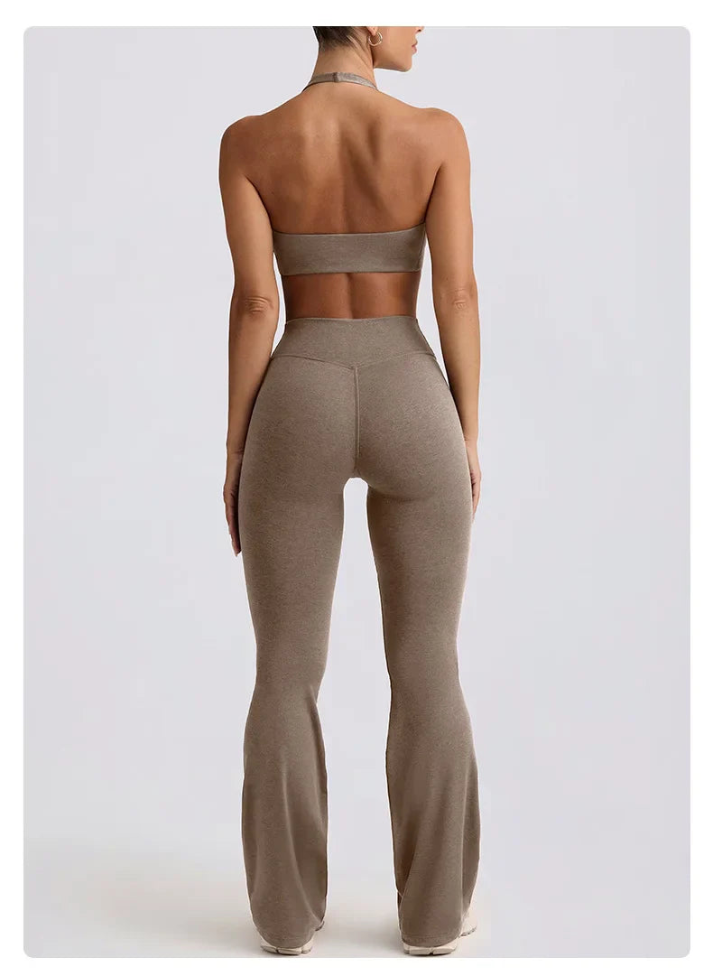 Women's Yoga Suits Camisole Backless Nude Beautiful Back Neck Hanging Bra Flared Pants Fitness Set